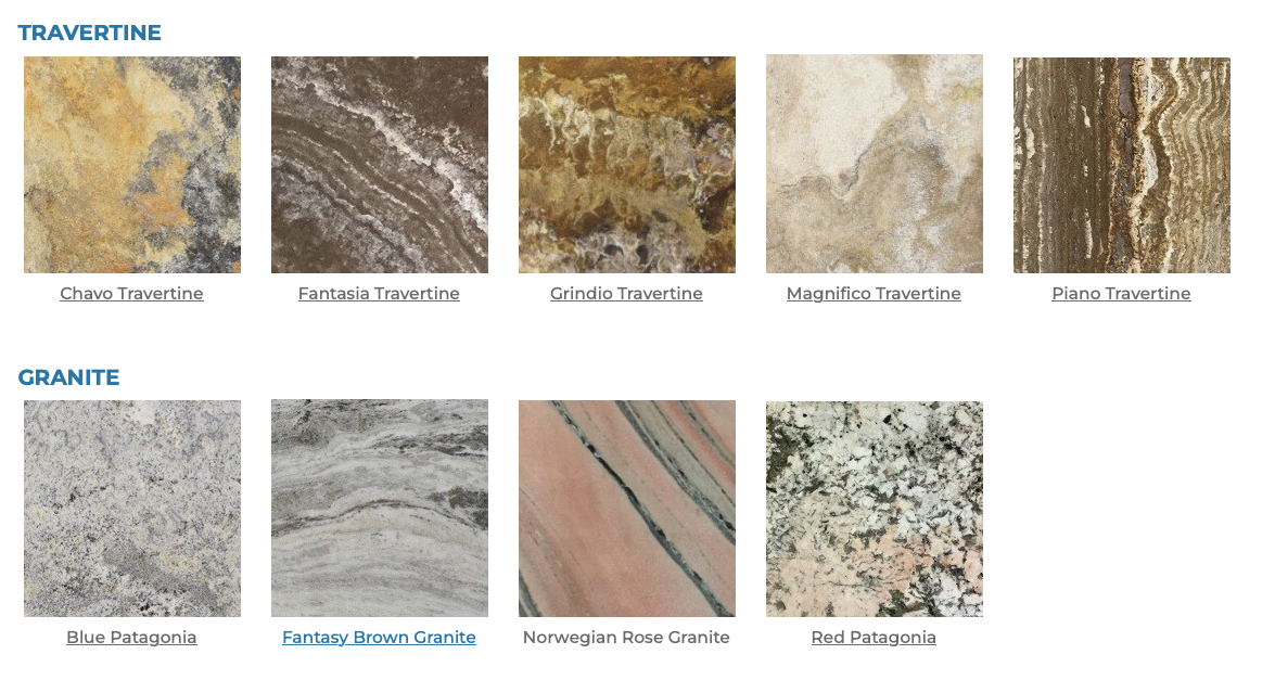 Collection of travertine and granite stone samples with names below each.