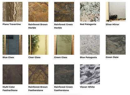 Collection of various stone and glass textures with labels on a white background