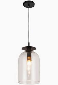 Sylvia 8-inch glass mini pendant with curved metal frame in matte black finish and a clear dome-shaped glass shade, suitable for hospitality lighting.