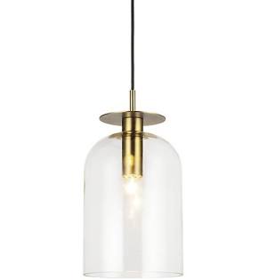 Sylvia 8-inch glass mini pendant with curved metal frame in gold finish and a clear dome-shaped glass shade, designed for modern restaurants and bars.