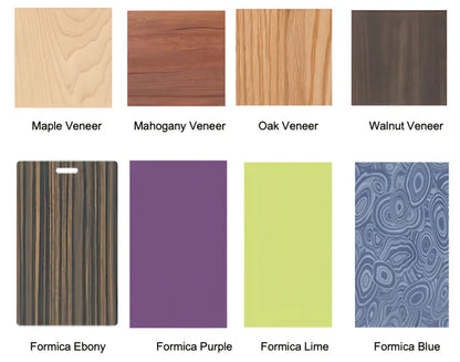 Collection of wood and Formica veneer samples with labels on a white backroundbackgroun