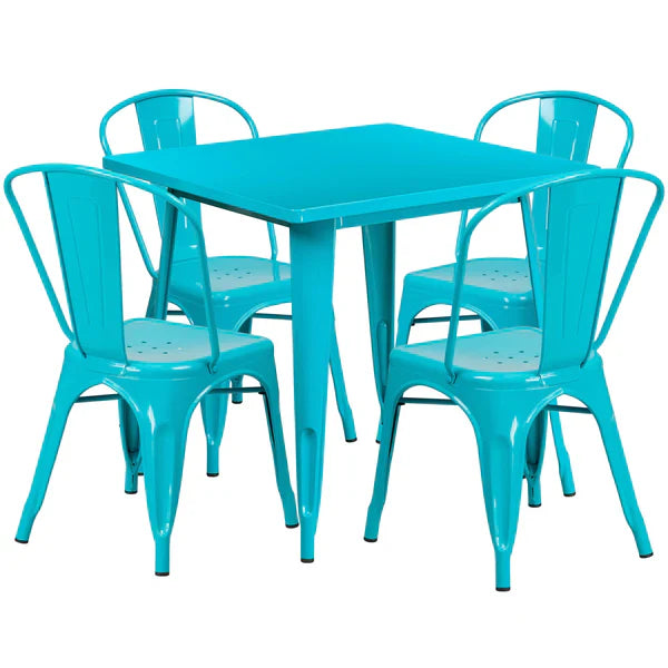 Teal blue restaurant table and chairs set for bars and cafés with durable powder-coated finish