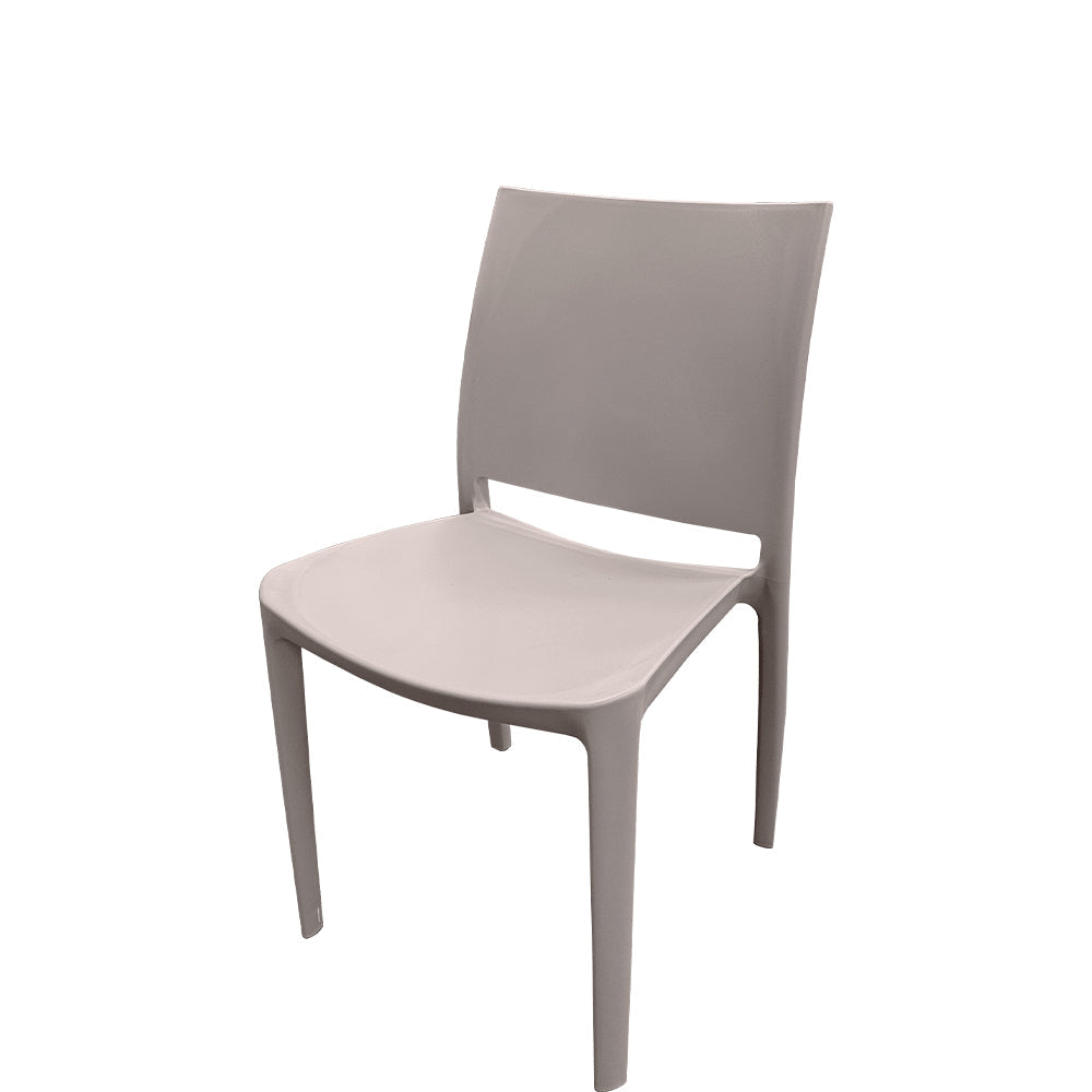 Front view of Teton outdoor dining chair in greige finish, all-weather polypropylene frame, 32.3" H x 19.5" W x 20.7" D, stackable indoor-outdoor seating.