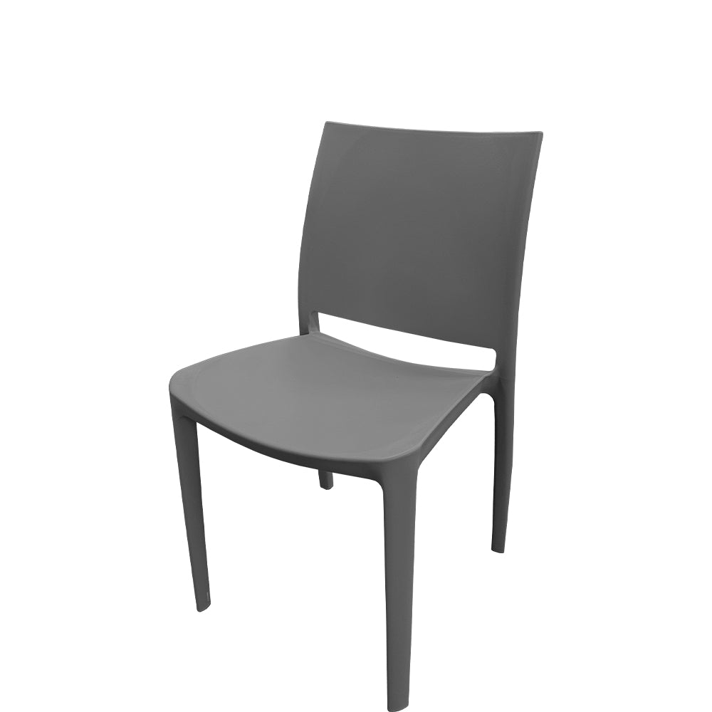Front view of Teton outdoor dining chair in iron gray finish, UV-resistant polypropylene resin, stackable design, curved backrest for support and comfort.