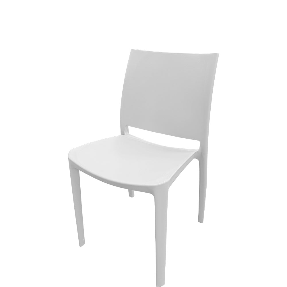Front view of Teton outdoor dining chair in white finish, 32.3" H x 19.5" W x 20.7" D, stackable all-weather polypropylene chair for indoor or outdoor use.