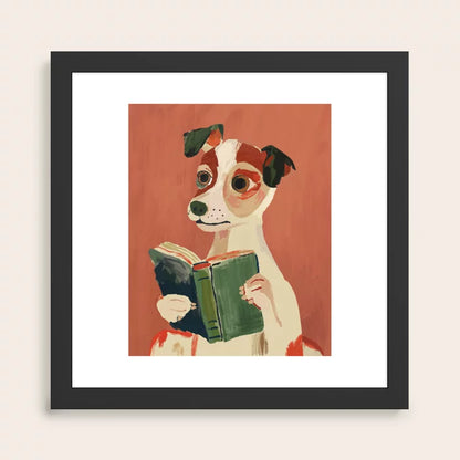 black wood framed artwork of a dog reading a book on a red background