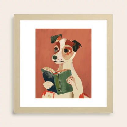 maple framed artwork of a dog reading a book on a red background