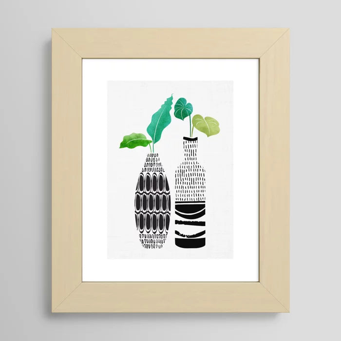 Tribal Vases II botanical art print in maple wood frame with light natural finish