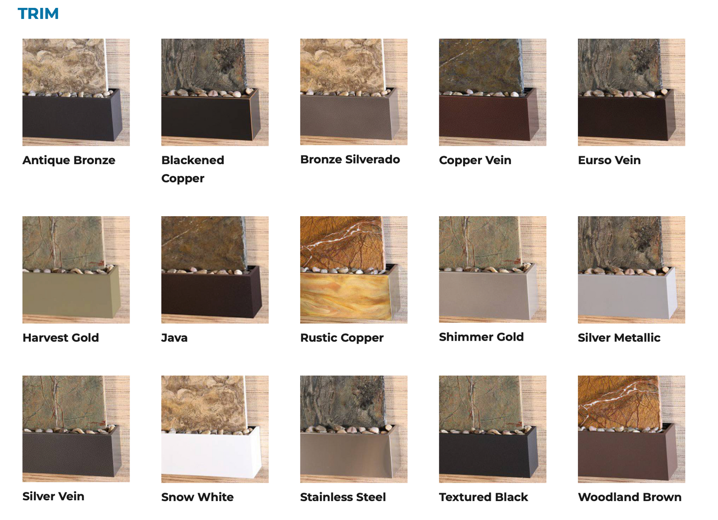 Collection of stone trim samples with labels indicating different finishes.