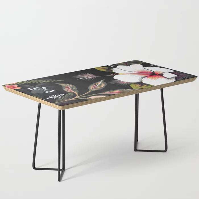 Tropical Night Coffee Table by Anis Illustration with black steel legs – boho tropical art-inspired furniture ideal for restaurant lounges, boutique hotels, and modern café interiors