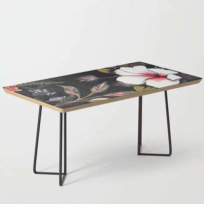 Tropical Night Coffee Table by Anis Illustration with black steel legs – boho tropical art-inspired furniture ideal for restaurant lounges, boutique hotels, and modern café interiors