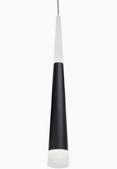 Slim cone-shaped LED pendant light in matte black finish with illuminated acrylic ends, suspended from adjustable cord, designed for modern bars and restaurants.