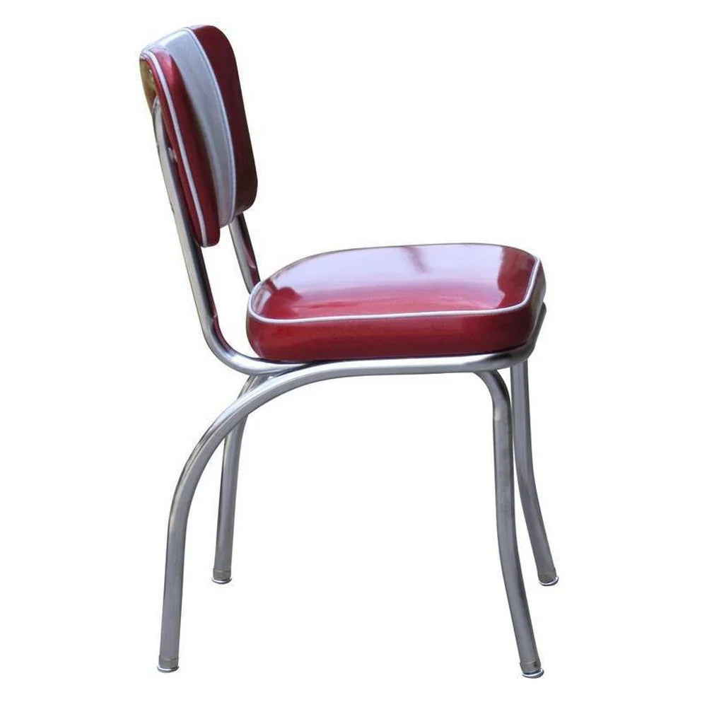 Side view of a burgundy V-back diner chair with chrome frame, ideal for restaurant seating, diners, cafés, and hospitality interiors.