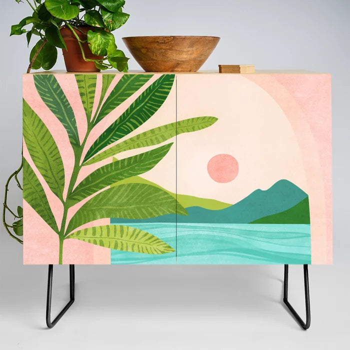 vacation-views-pink-coastal-landscape-credenza-black-legs-by-modern-tropical-coastal-storage-for-restaurants-hotels-and-cafes