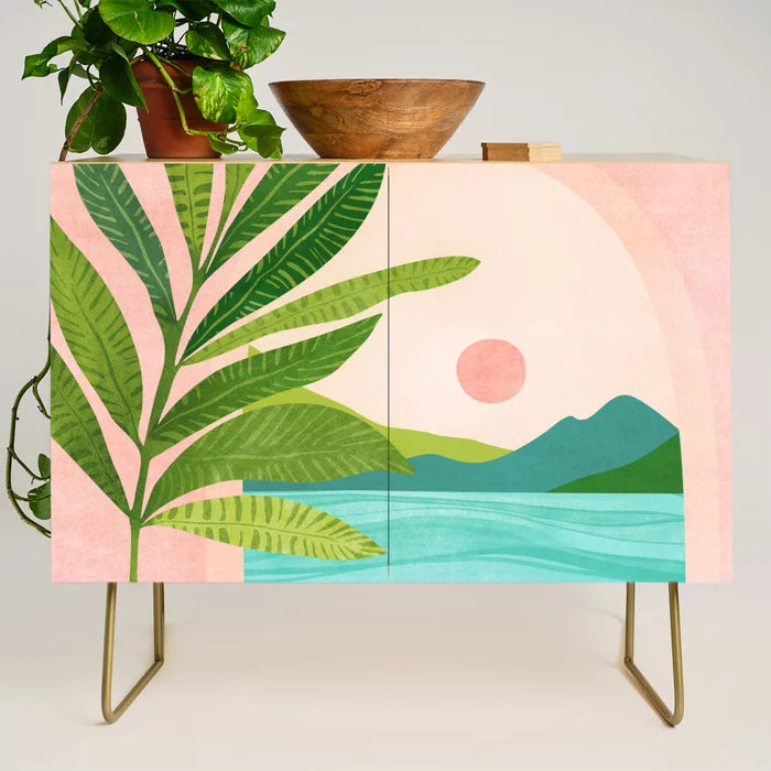 vacation-views-pink-coastal-landscape-credenza-gold-legs-by-modern-tropical-modern-art-furniture-for-hotels-restaurants-and-bars