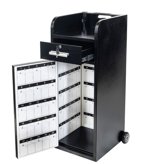 Black metal valet parking podium with 100 numbered key hooks, lockable drawer, and rolling wheels.