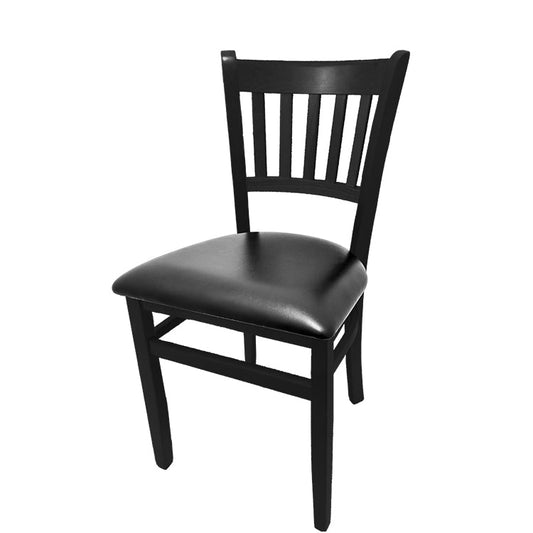 Vertical back solid wood dining chair with black finish frame and black vinyl seat.