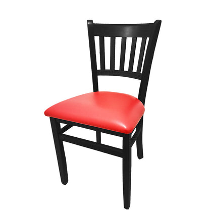 Vertical back solid wood dining chair with black frame and red vinyl seat.