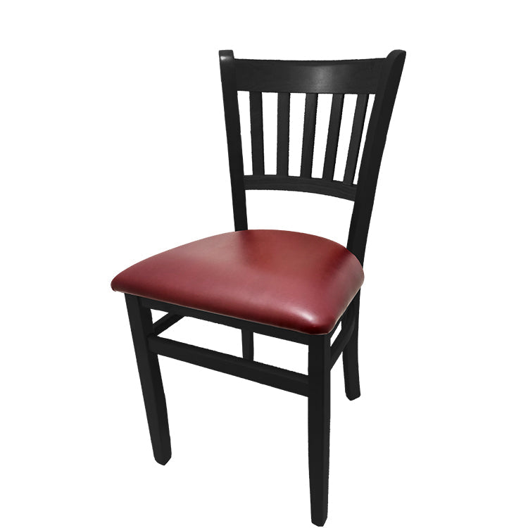 Vertical back solid wood dining chair with black finish frame and wine vinyl seat.