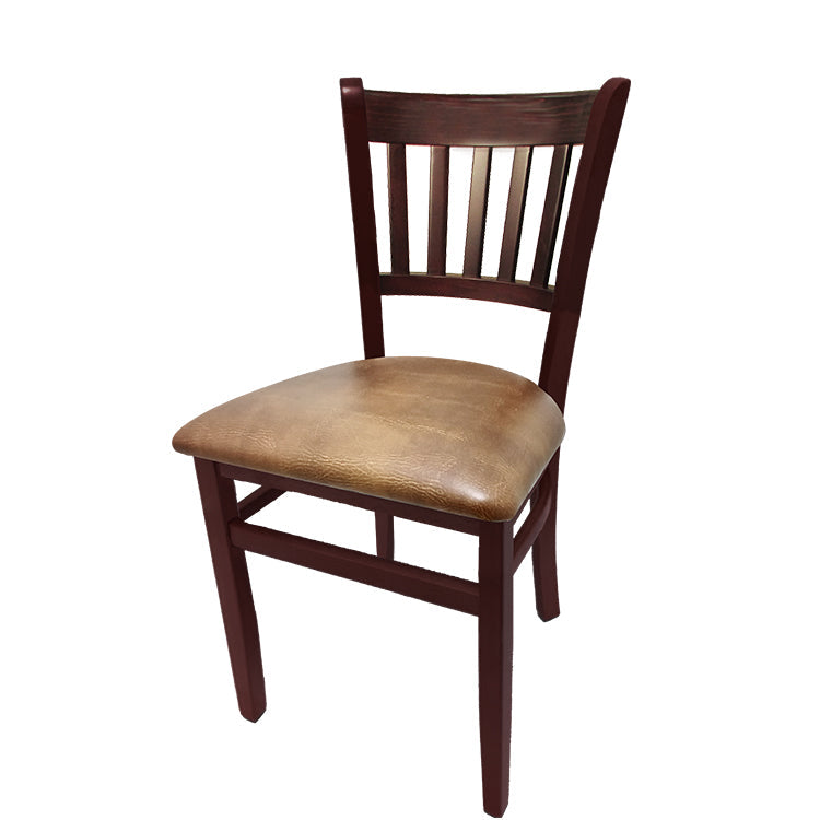 Vertical back dining chair with mahogany frame and buckskin vinyl seat.