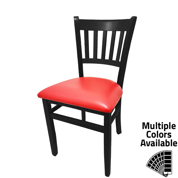 Vertical back wood dining chair with mahogany finish and red vinyl seat.