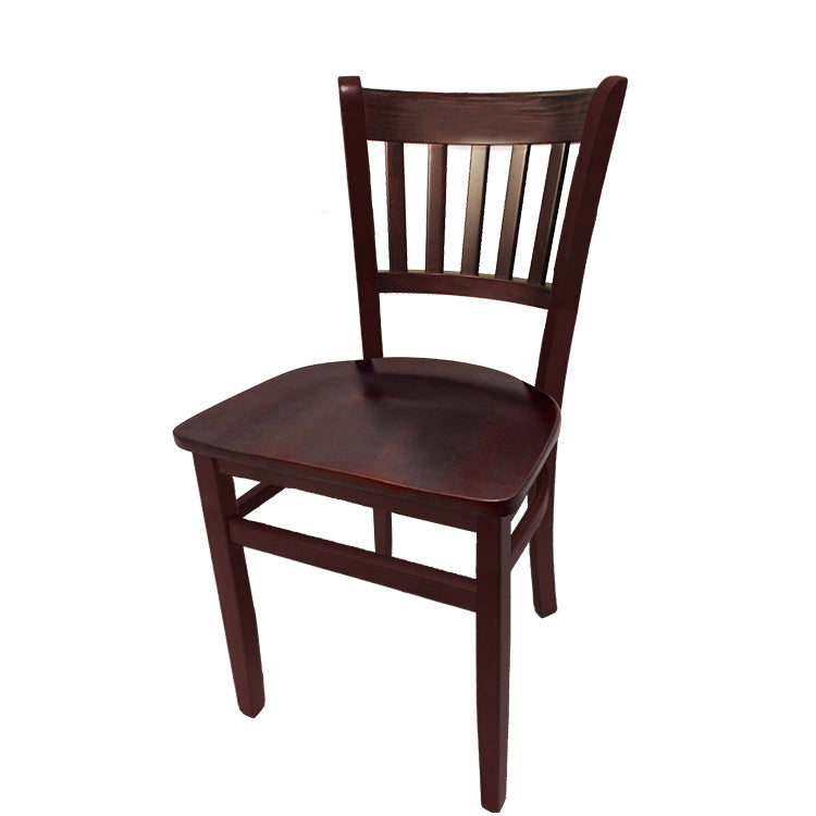 Vertical back dining chair with mahogany frame and mahogany wood seat.
