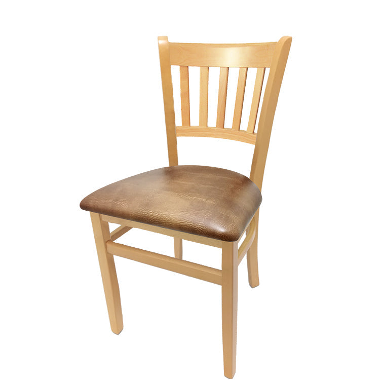 Vertical back dining chair with clear coat European Beech frame and buckskin vinyl seat.