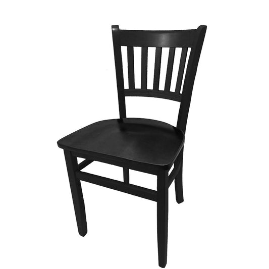 Vertical back solid wood chair with black stain frame and matching black wood seat. Crafted from European beech wood with dual leg supports and smooth edges.