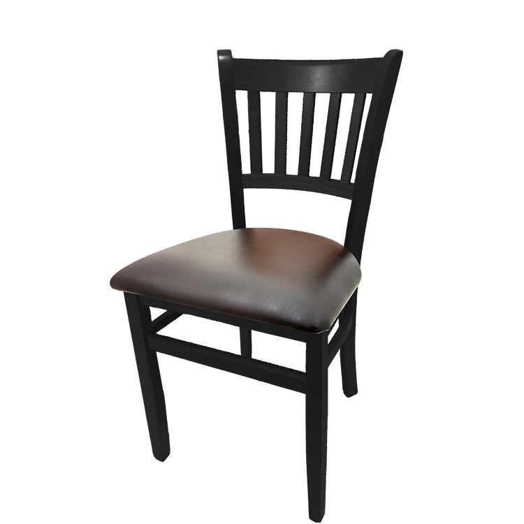 Vertical back solid wood chair with black stain finish and espresso vinyl seat. Elegant design ideal for restaurants, cafés, and dining interiors.
