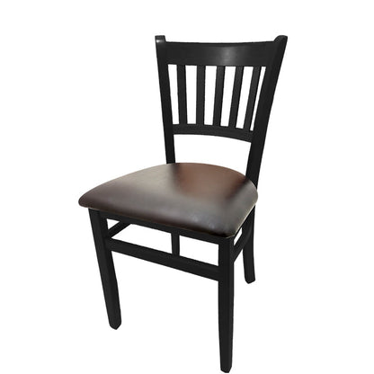 Vertical back solid wood chair with black stain finish and espresso vinyl seat. Elegant design ideal for restaurants, cafés, and dining interiors.