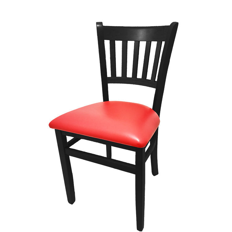 Vertical back solid wood chair with black stained frame and red vinyl seat. Durable, comfortable, and perfect for hospitality and restaurant settings.