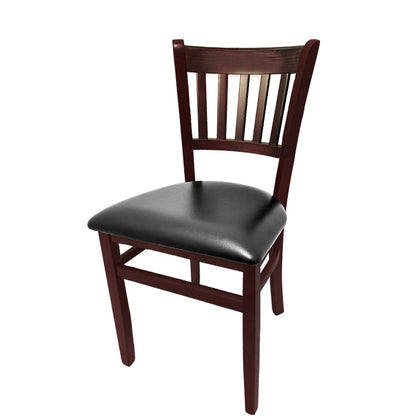 Vertical back solid wood frame chair with mahogany stain finish and black vinyl seat. Crafted from solid European beech wood with durable construction and non-marring glides.