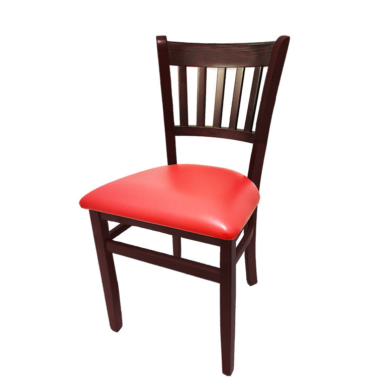Vertical back solid wood chair with mahogany stained frame and red vinyl seat. Ideal for restaurants, cafés, and hospitality settings seeking a bold accent.