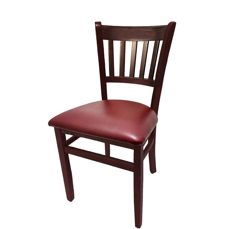 Vertical back solid wood dining chair with mahogany stain frame and wine vinyl seat. Strong European beech construction with non-marring glides for indoor use.