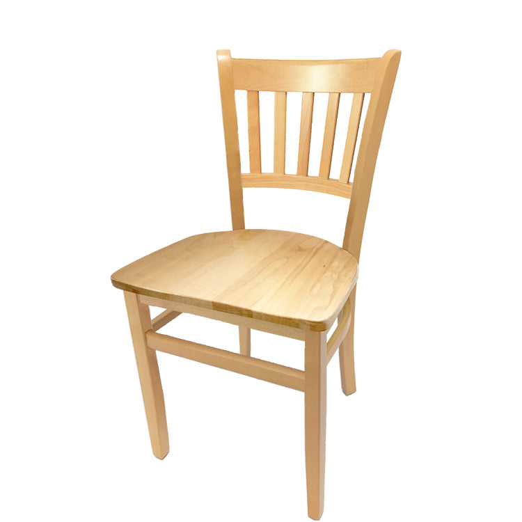 Vertical back solid wood chair with natural clear coat beech frame and matching wood seat. Reinforced construction for lasting performance in dining interiors.
