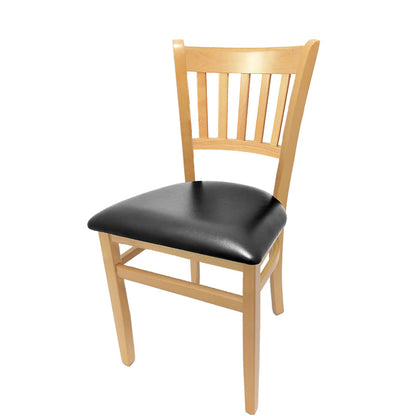 Vertical back solid wood chair with natural clear coat frame and black vinyl seat. Constructed from solid European beech wood with reinforced leg supports and non-marring glides.