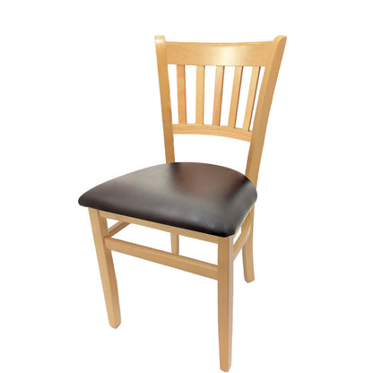 Vertical back beech wood chair with natural clear coat frame and espresso vinyl seat. Elegant finish ideal for dining spaces and hospitality interiors.