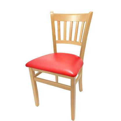 Vertical back solid wood dining chair with natural clear coat frame and red vinyl seat. Classic restaurant-style seating made from durable European beech.