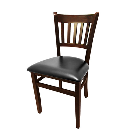 Vertical back solid wood frame chair with walnut stain finish and black vinyl seat. Crafted from solid European beech wood with dual leg supports and non-marring glides.