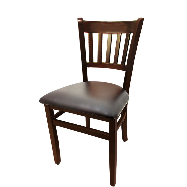 Vertical back solid wood chair with walnut stained frame and espresso vinyl seat. Strong beech wood frame with non-marring glides and rich finish.