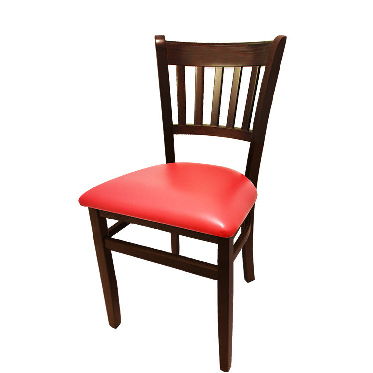 Vertical back solid wood chair with walnut stain frame and red vinyl seat. Stylish and durable seating for restaurants, dining areas, and hospitality use.