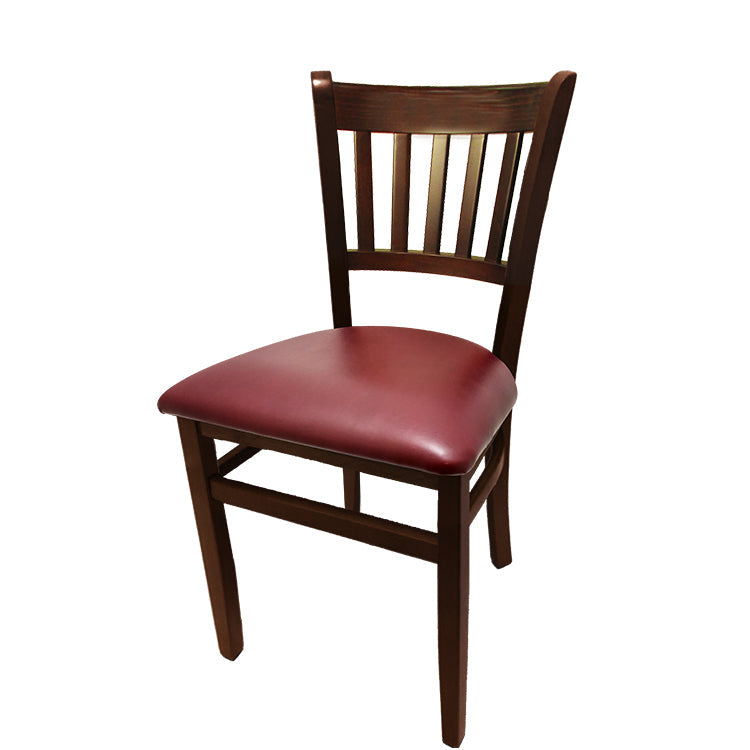 Vertical back solid wood dining chair with walnut stain finish and wine vinyl seat. Commercial-grade construction with smooth glides for floor protection.