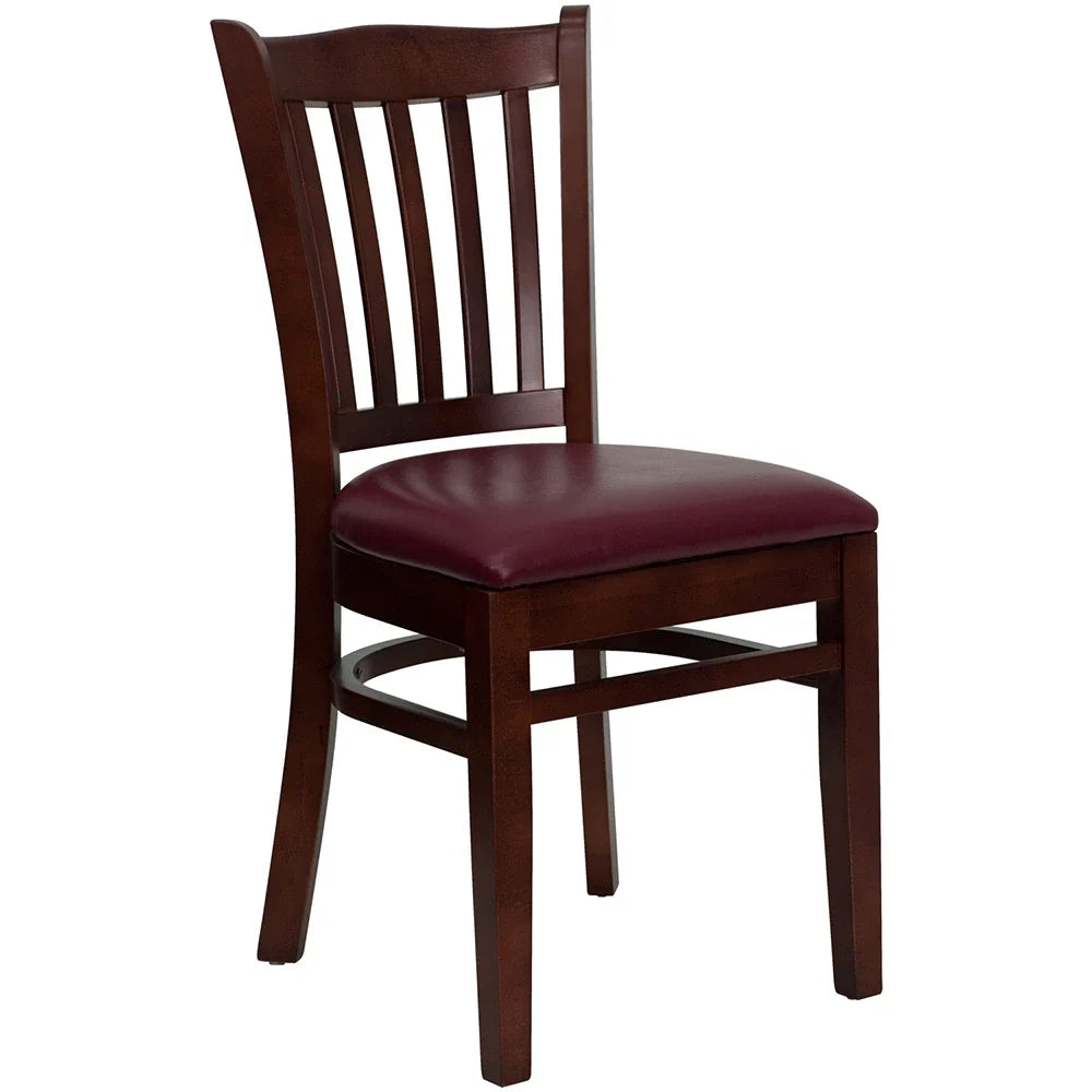 ertical slat back beechwood restaurant chair with mahogany finish and burgundy vinyl seat. Features fire-retardant foam cushion and reinforced mortise-and-tenon construction.