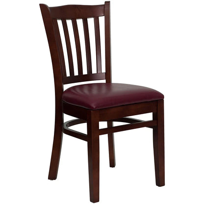 ertical slat back beechwood restaurant chair with mahogany finish and burgundy vinyl seat. Features fire-retardant foam cushion and reinforced mortise-and-tenon construction.
