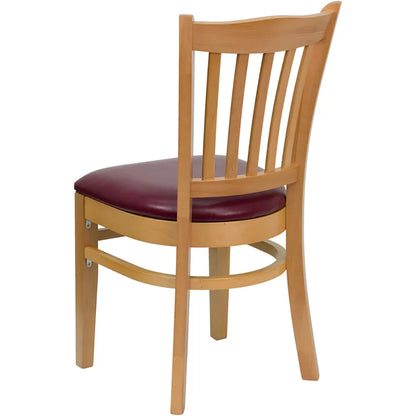 Rear view of vertical slat back beechwood dining chair with natural clear coat frame and burgundy vinyl seat. Reinforced frame with curved support bar for stability