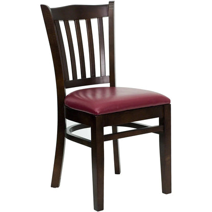 Vertical slat back beechwood restaurant chair with walnut frame and burgundy vinyl seat. Durable hardwood construction with fire-retardant foam cushion.