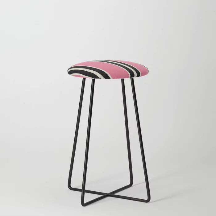 Vertical Stripes Pink and Black Counter Stool by Tony Magner with black steel legs – mid-century inspired seating for hotel lounges, restaurants, and café interiors