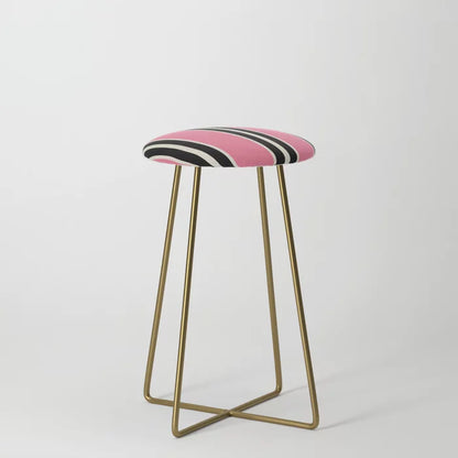 Vertical Stripes Pink and Black Counter Stool by Tony Magner with gold steel legs – stylish vegan leather stool for hotel cafés, restaurant counters, and modern hospitality spaces