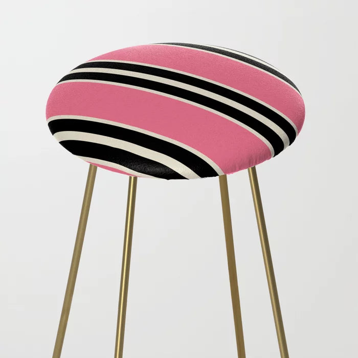 Above view of the Vertical Stripes Pink and Black Stool by Tony Magner showing sleek vegan leather seat with mid-century modern stripe design – perfect for restaurants, hotel bars, and cafés