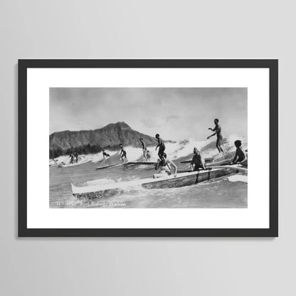 Vintage Surfing Hawaii art print in black wood frame – retro beach photography wall art by Vintage Surf Photos Smudge Print Shop